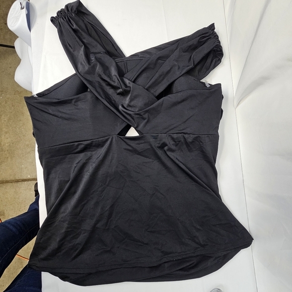 Cacique Swim Black Wrap Front Off Shoulder Tankini Top 26 - Picture 4 of 9